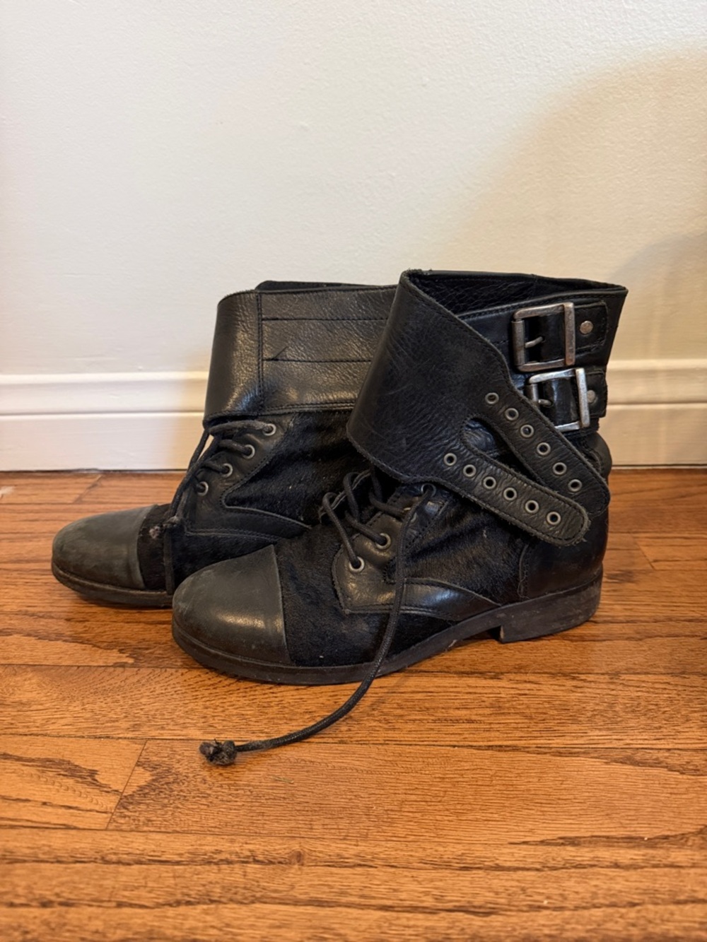 All Saints Black Leather Lace-Up Ankle Boots with Buckle Strap